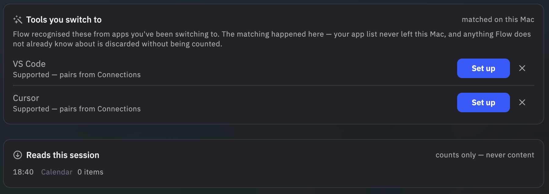 The Ascenda desktop app listing the tools it recognised, stating the matching happened on this Mac and that anything it does not know is discarded without being counted, above a reads-this-session log marked counts only, never content